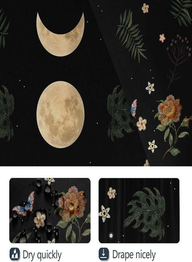 Coxila Moon Phase Shower Curtain Moonlit Goth Gothic Witchy Celestial Hippie Halloween Spooky Dark Black Floral Flower Moody Whimsical Galaxy Star Space Fun 60 x 72 Inch Polyester Fabric 12 Pack Hooks - Image 3