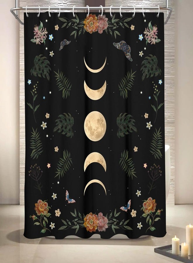 Coxila Moon Phase Shower Curtain Moonlit Goth Gothic Witchy Celestial Hippie Halloween Spooky Dark Black Floral Flower Moody Whimsical Galaxy Star Space Fun 60 x 72 Inch Polyester Fabric 12 Pack Hooks - Image 4