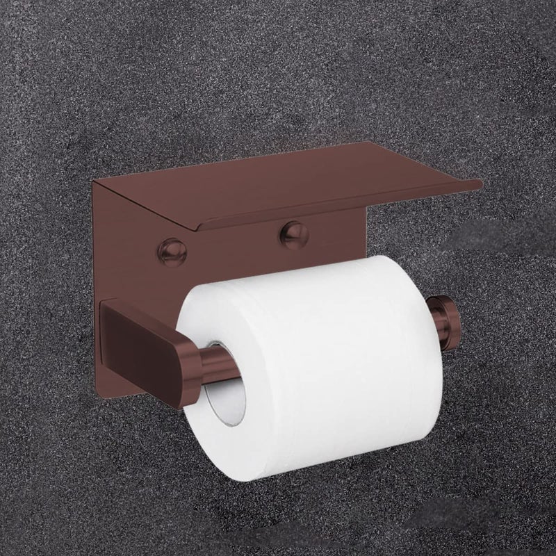 VAEHOLD Self Adhesive Toilet Paper Holder with Phone Shelf Stainless Steel Wall Mounted Toilet Paper Roll Holder - Rustproof and Bathroom Washroom Tissue Roll Holder with Shelf - Red Copper - Image 4