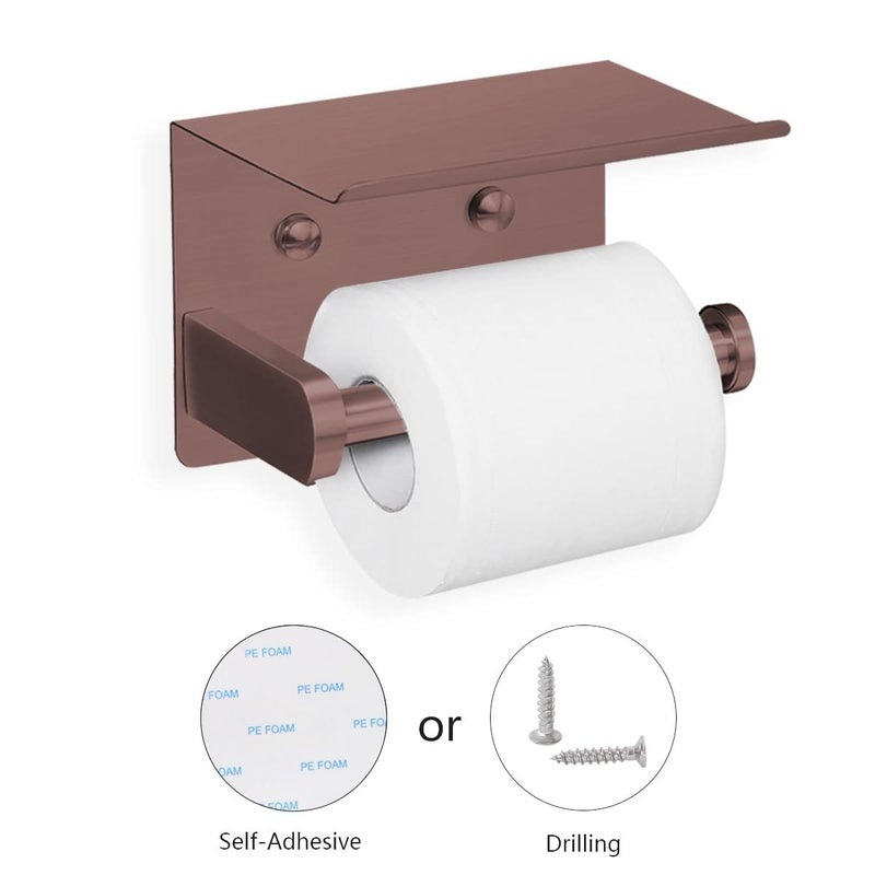 VAEHOLD Self Adhesive Toilet Paper Holder with Phone Shelf Stainless Steel Wall Mounted Toilet Paper Roll Holder - Rustproof and Bathroom Washroom Tissue Roll Holder with Shelf - Red Copper - Image 2
