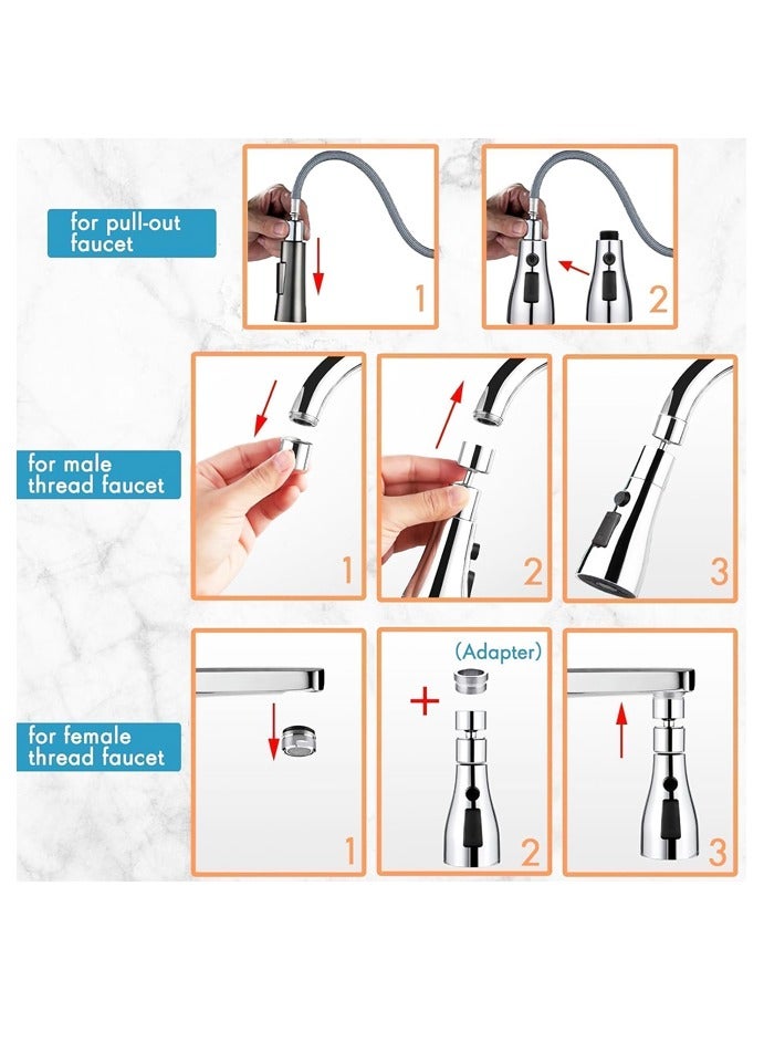 Universal Kitchen Faucet Sprayer Head, 3 Water Flow Modes, Chrome Steel, Pull-Down Replacement Head - Image 3