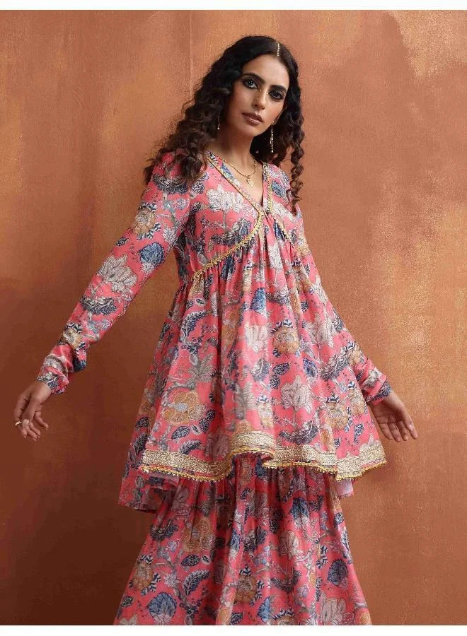 trueBrowns Orange Print Sharara Set