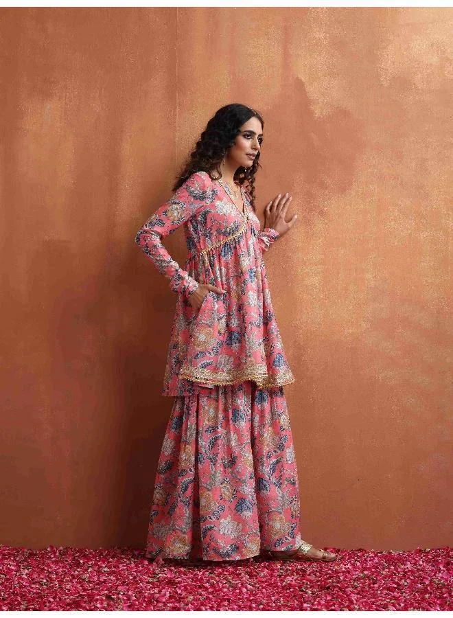 trueBrowns Orange Print Sharara Set
