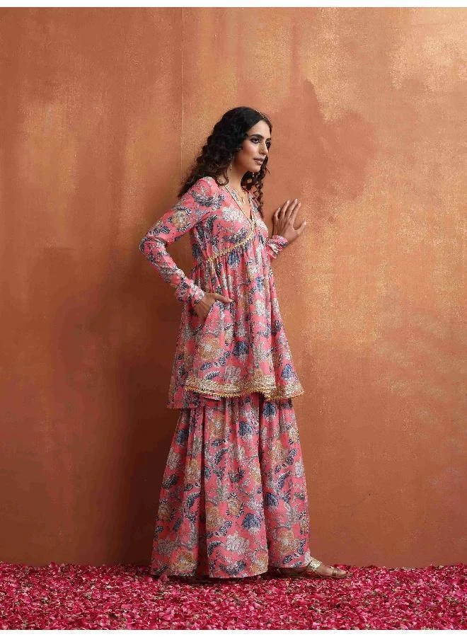 trueBrowns Orange Print Sharara Set
