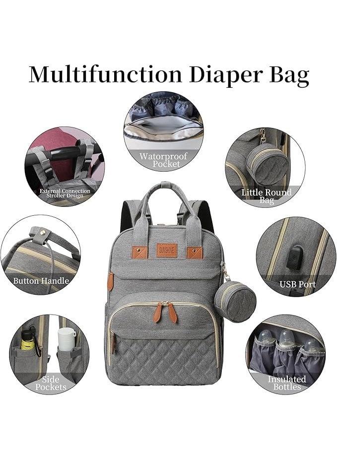 SUN SHINE Sunshine 4-in-1 Diaper Bag Backpack for Babies – Multifunctional Diaper Changing Bag with Foldable Bassinet, USB Charging Port & Large Capacity Storage – Lightweight, Waterproof Nylon Fabric Travel Organizer with Portable Crib, Changing Station & Toy Bar – Comfortable Padded Straps, Spacious Compartments for Bottles, Wipes & Baby Essentials – Durable, Easy-to-Clean Gray Diaper Bag for Moms & Dads, Ideal for Travel, Hospital & Daily Use, Stylish Design with Insulated Pockets & Quick-Access Compartments - Image 5