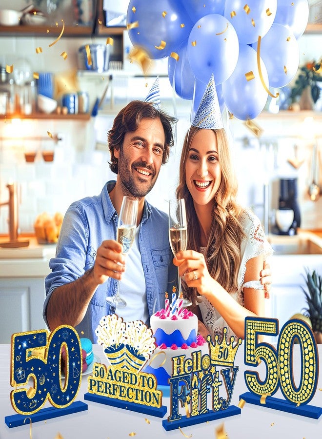 Yoirrat Happy 50th Birthday Table Decorations Blue 50th Birthday Table Centerpieces Sign Navy Blue Gold 50th Birthday Party Supplies Decorations for Men Women Wooden Vintage 1974 Centerpieces for Tables Decor - Image 5
