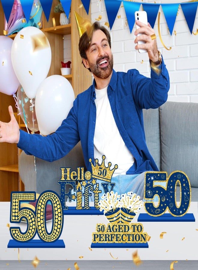 Yoirrat Happy 50th Birthday Table Decorations Blue 50th Birthday Table Centerpieces Sign Navy Blue Gold 50th Birthday Party Supplies Decorations for Men Women Wooden Vintage 1974 Centerpieces for Tables Decor - Image 3