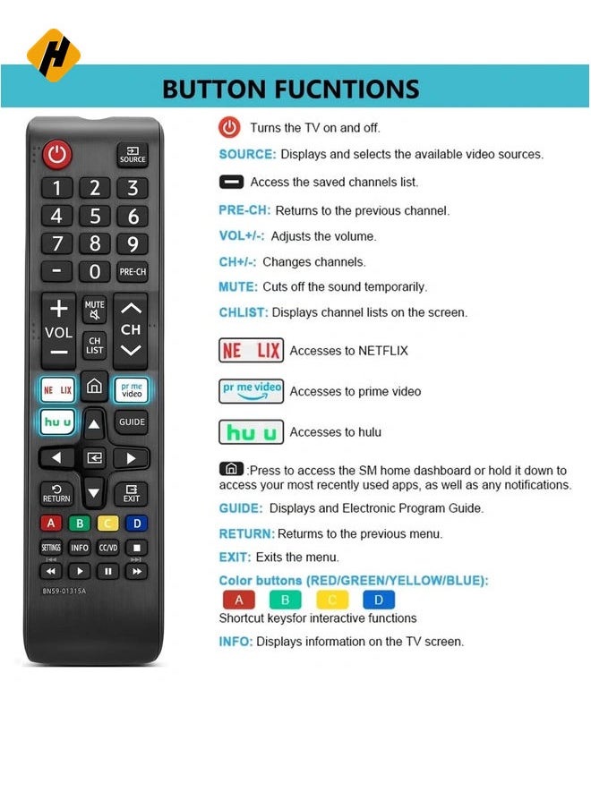 HuHa - N59-01315A Replacement Remote Control for Samsung Smart TV All Samsung LED QLED LCD Series 6/7/8/9 4K UHD HDTV HDR Smart Curved Flat TV with Netflix Prime Video Hulu Button with battery - Image 1