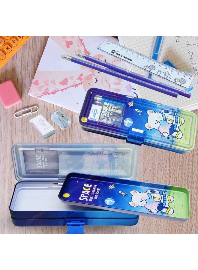 فنبلاست صندوق أقلام معدني من فن بلاست - صندوق هندسي مع قلم رصاص وممحاة ومبراة ومجموعة أدوات مكتبية، حافظة أقلام مزدوجة الطبقات وصندوق منظم أدوات مكتبية للأطفال والأولاد والبنات، هدية إرجاع للأطفال (فضاء) - Image 4