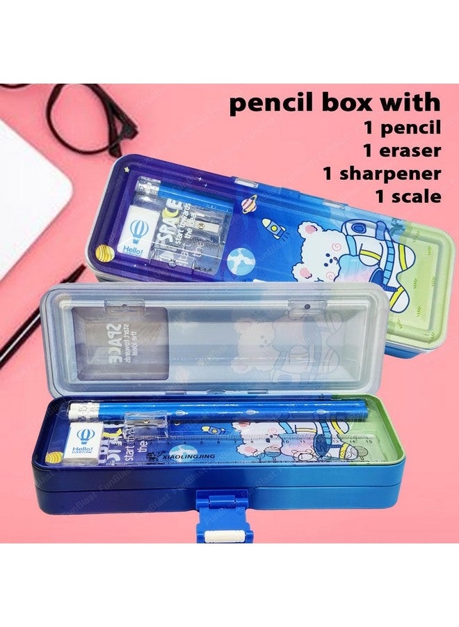 فنبلاست صندوق أقلام معدني من فن بلاست - صندوق هندسي مع قلم رصاص وممحاة ومبراة ومجموعة أدوات مكتبية، حافظة أقلام مزدوجة الطبقات وصندوق منظم أدوات مكتبية للأطفال والأولاد والبنات، هدية إرجاع للأطفال (فضاء) - Image 3