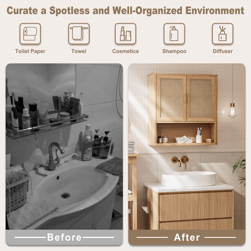 INNOD Rattan Bathroom Wall Cabinet with Open Compartments, Wall-Mounted Medicine Cabinet with Adjustable Wood Shelf & Doors, Over The Toilet Storage Cabinet for Laundry Room & Kitchen & Living Room - Image 4