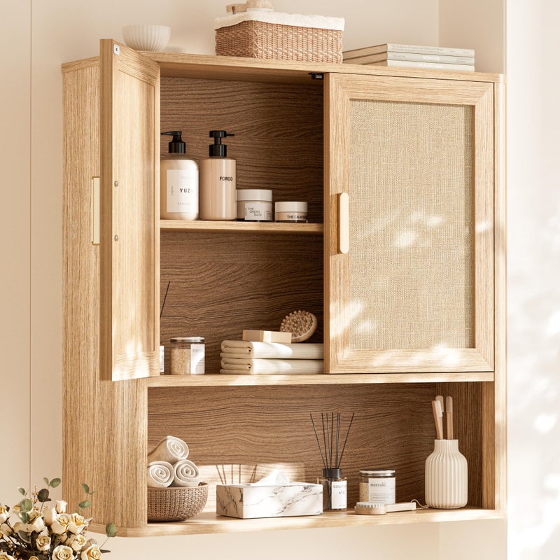 INNOD Rattan Bathroom Wall Cabinet with Open Compartments, Wall-Mounted Medicine Cabinet with Adjustable Wood Shelf & Doors, Over The Toilet Storage Cabinet for Laundry Room & Kitchen & Living Room - Image 1