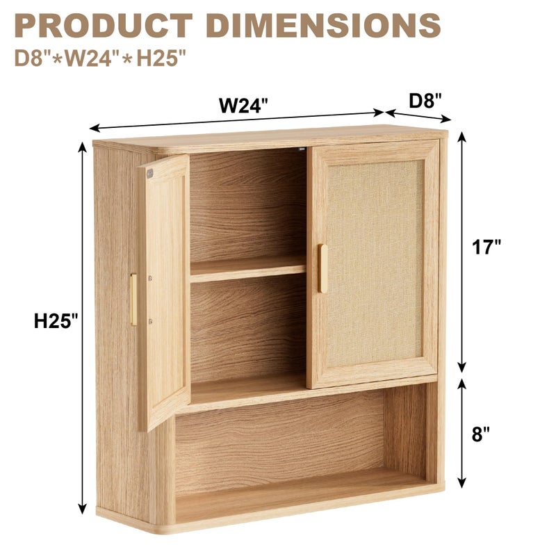 INNOD Rattan Bathroom Wall Cabinet with Open Compartments, Wall-Mounted Medicine Cabinet with Adjustable Wood Shelf & Doors, Over The Toilet Storage Cabinet for Laundry Room & Kitchen & Living Room - Image 2