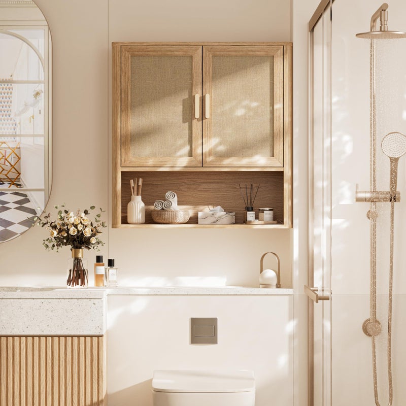 INNOD Rattan Bathroom Wall Cabinet with Open Compartments, Wall-Mounted Medicine Cabinet with Adjustable Wood Shelf & Doors, Over The Toilet Storage Cabinet for Laundry Room & Kitchen & Living Room - Image 5