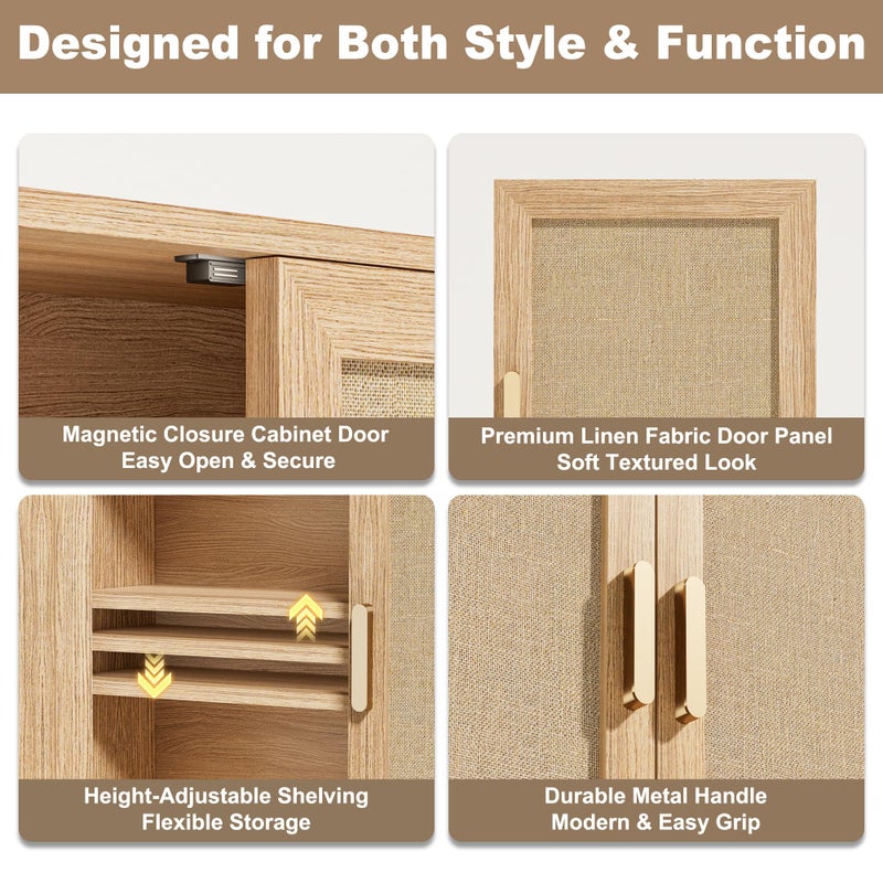 INNOD Rattan Bathroom Wall Cabinet with Open Compartments, Wall-Mounted Medicine Cabinet with Adjustable Wood Shelf & Doors, Over The Toilet Storage Cabinet for Laundry Room & Kitchen & Living Room - Image 3