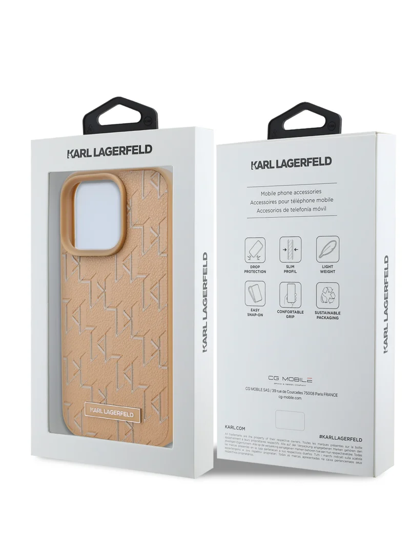 Karl Lagerfeld iPhone 16 Pro Case PU Hard Cover with Karl Lagerfeld Hot Stamp / Damage and Scratch Protection/ Comfortable Grip - Beige