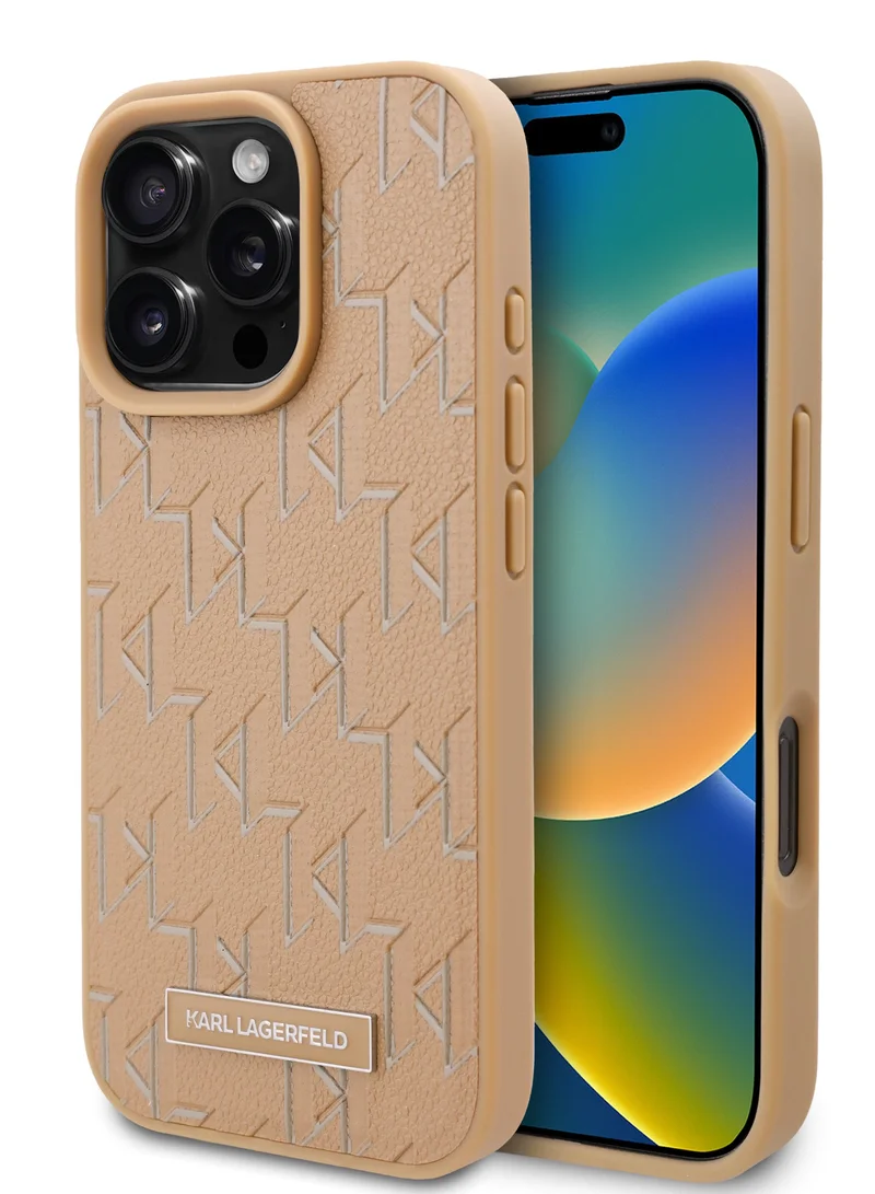 Karl Lagerfeld iPhone 16 Pro Case PU Hard Cover with Karl Lagerfeld Hot Stamp / Damage and Scratch Protection/ Comfortable Grip - Beige