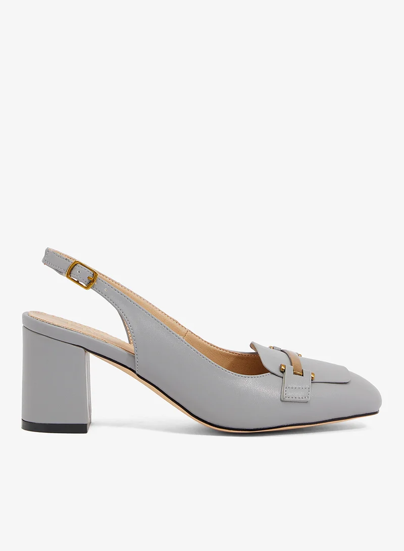 ELLA Light grey leather slingback with square toe and block heel, gold hardware (Tod's)