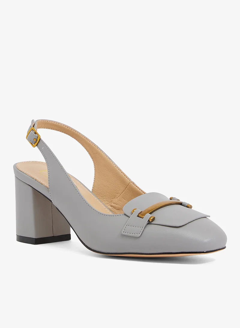 ELLA Light grey leather slingback with square toe and block heel, gold hardware (Tod's)