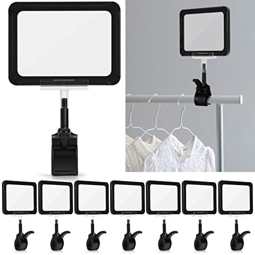 Mlici Acrylic Sign Holder with Clamp, 6 x 9 Inch Double Head Display Clips, PVC Card Protector, Rotating Price Tag Clip for Hangrails or Tubes (Pack of 7) (Black) - Image 1