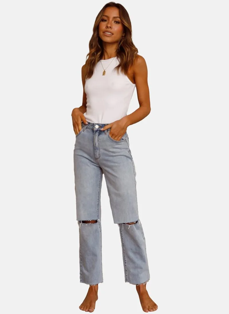 يونيكي Blue Straight Fit Slash Knee High-Rise Jeans