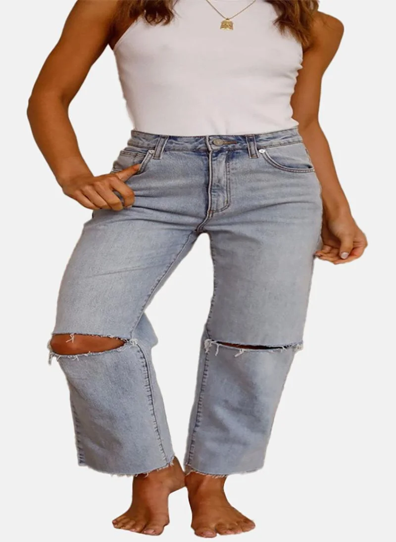 يونيكي Blue Straight Fit Slash Knee High-Rise Jeans
