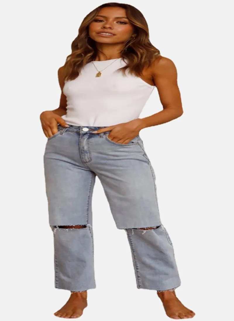 يونيكي Blue Straight Fit Slash Knee High-Rise Jeans