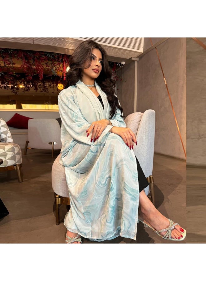 Modest Fashion Cardigan Gown With Turban Chiffon Printed Coat - Image 3