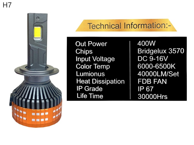 autofriend مصباح أمامي LED، 400 واط، 40000 لومن، 6000 كلفن أبيض بارد، مقاوم للماء IP67 (af-400w_H7) - Image 2