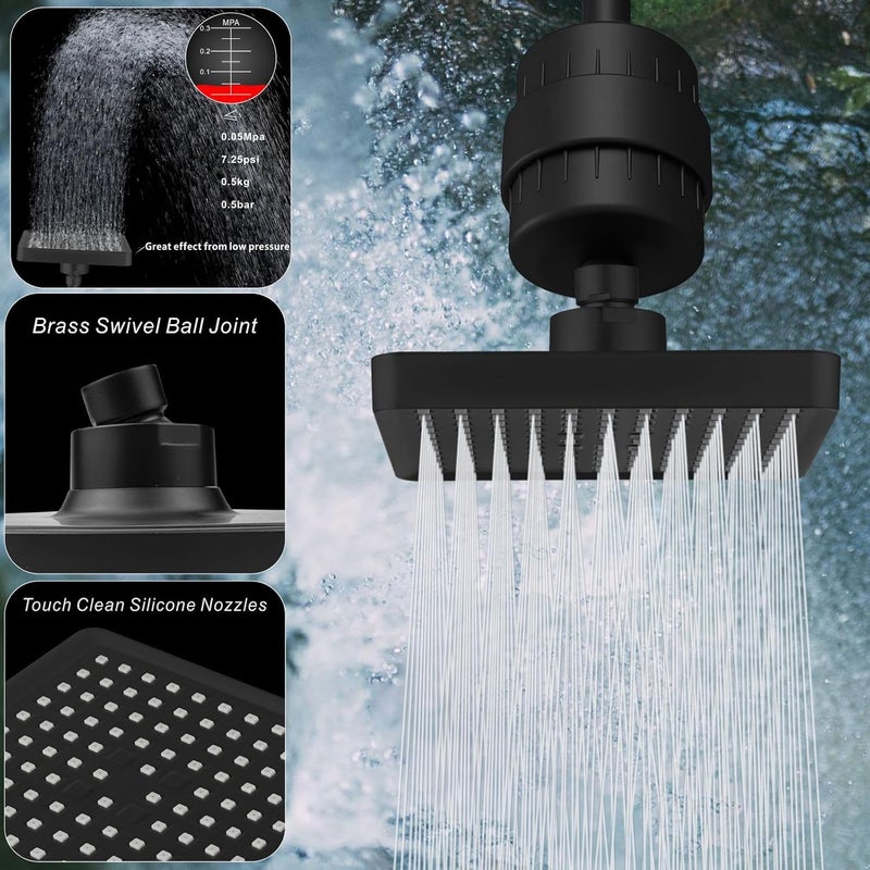 Voolan Filtered Shower Head - 20 Stage Luxury Rain Shower Filter for Hard Water - 6" Square High Pressure Rainfall Showerhead (Matte Black) - Image 4