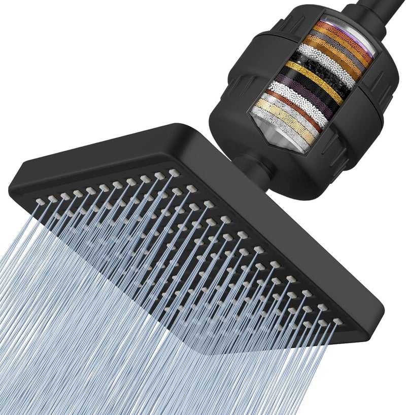 Voolan Filtered Shower Head - 20 Stage Luxury Rain Shower Filter for Hard Water - 6" Square High Pressure Rainfall Showerhead (Matte Black) - Image 1