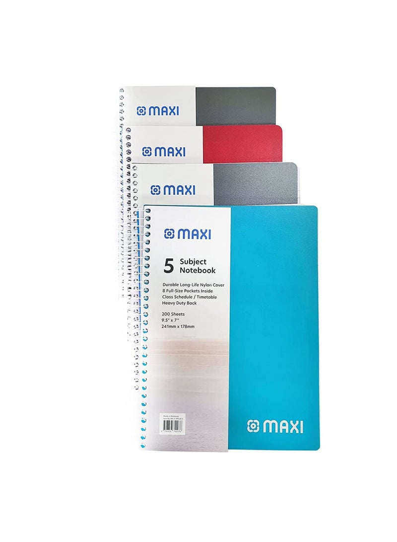 Maxi Spiral Polypropylene 5 Subject Notebook 9.5" X 7" 200 Sheets, Assorted - Image 1
