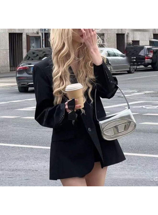 Design Sense Jingle Bag 2025 Spring Portable Underarm Bag Women's Millennium Hot Girl Style Single Shoulder Bagel Bag Saddle Bag-Color:Silver-Size:20.5*6.5*13.5  - Image 2
