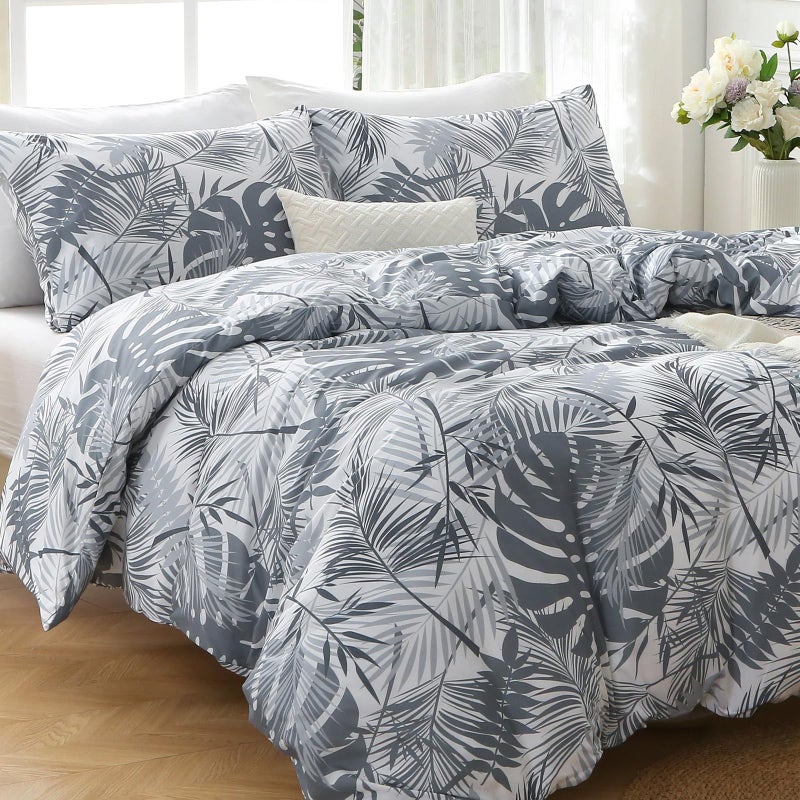 MUXHOMO Duvet Cover King Size, Reversible Floral Black & Grey Duvet Cover Set with Zipper Closure, 3 Pieces Botanical Patterns Soft Microfiber Bedding Set (90"x104", 2 Pillow Cases 20"Ã—36") US - Image 5