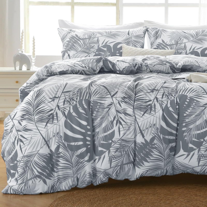 MUXHOMO Duvet Cover King Size, Reversible Floral Black & Grey Duvet Cover Set with Zipper Closure, 3 Pieces Botanical Patterns Soft Microfiber Bedding Set (90"x104", 2 Pillow Cases 20"Ã—36") US - Image 1