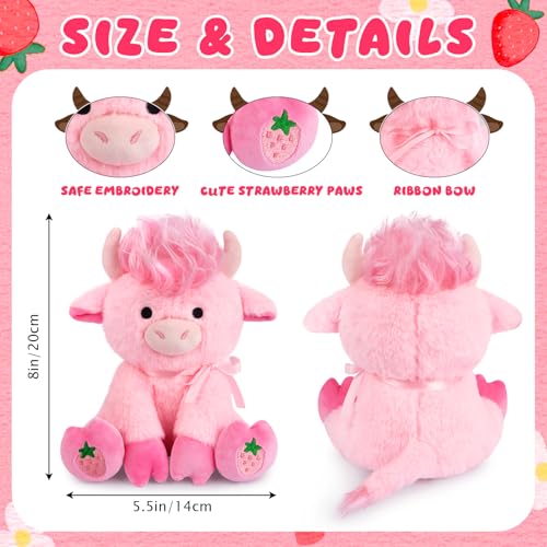 JEROKUMI Highland Cow Stuffed Animal 8inch Strawberry Pink Highland Cow Plush with Ribbon Bow Cute Plushies for Kids Boys Girls Kawaii Doll Birthdays Gifts for Girlfriends - Image 5