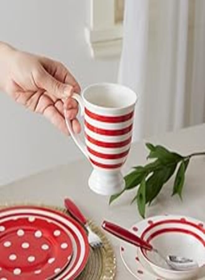 Karaca Karaca | Porcelain Coffee Cup with Handle for Hot Beverages Red and White Porcelain Mug 12.7 fl oz, (360ml) Teacup for Cappuccino Latte Cocoa Milk Tea (Striped)