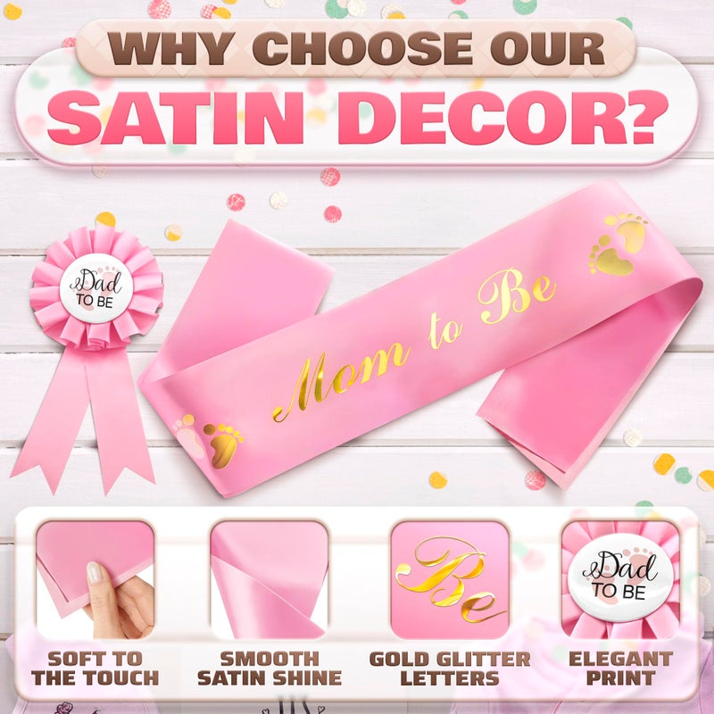 V TOWER Pink Baby Shower Decorations for Girl and Pins for Dad - Glossy Girl Baby Shower Decorations Made from Soft & Smooth Satin, Daddy Brooch & Mommy to Be Sash - Party Mom to Be Sash That Doesn't Wrinkle - Image 3