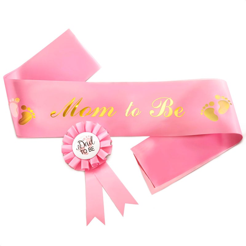 V TOWER Pink Baby Shower Decorations for Girl and Pins for Dad - Glossy Girl Baby Shower Decorations Made from Soft & Smooth Satin, Daddy Brooch & Mommy to Be Sash - Party Mom to Be Sash That Doesn't Wrinkle - Image 1