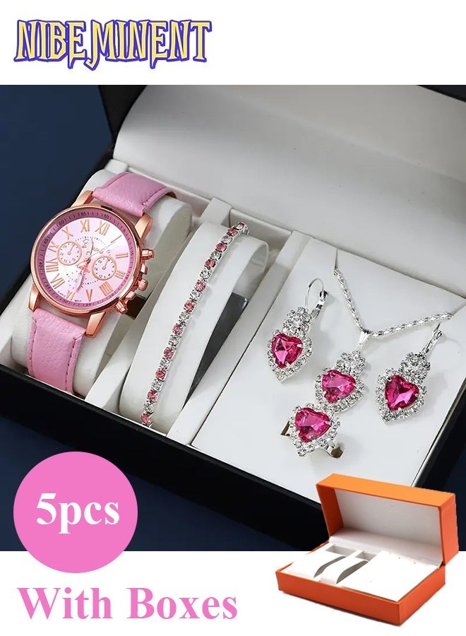 NIBEMINENT Fashionable Watch Set Elegant Women's Pink Roman Quartz PU Faux Leather Watch And 5pcs of Heart Pink Accessories Set Includes Boxes - Image 1