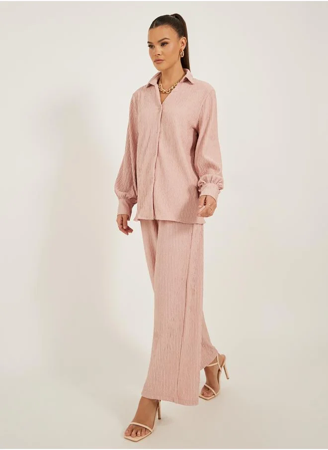 Styli Styli Textured Mid Rise Wide Leg Pants with Elasticated Waistband
