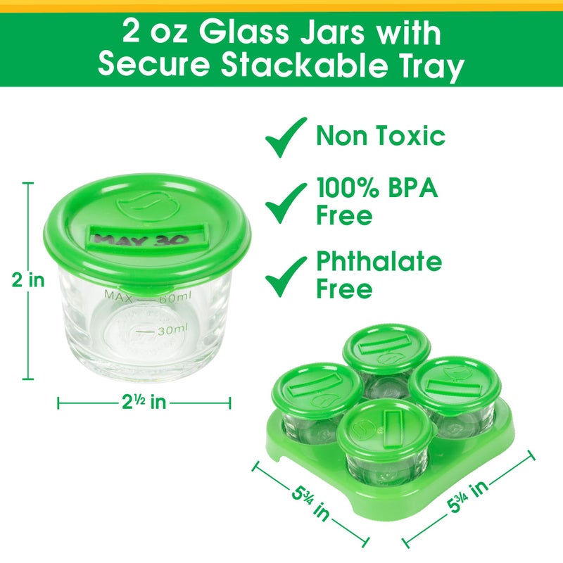 Sprout Cups حاويات تخزين طعام الأطفال الزجاجية (4 عبوات) - برطمانات سعة 2 أونصة في صينية تخزين قابلة للتكديس مع قاعدة متشابكة محكمة - علامات باستخدام قلم جاف - آمنة للاستخدام في الميكروويف والفريزر وغسالة الصحون - طعام الأطفال وحليب الثدي، هدية - Image 2