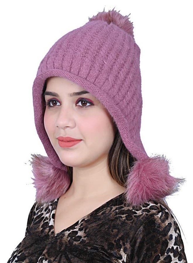 Dressify® Winter Women Triple Pompom Cap (Inside Fur) Woolen Beanie Cap for Women & Girl's Purple Color - Image 3