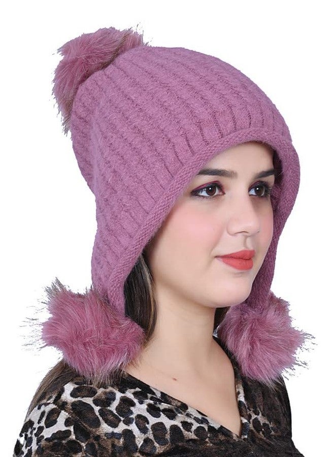 Dressify® Winter Women Triple Pompom Cap (Inside Fur) Woolen Beanie Cap for Women & Girl's Purple Color - Image 2