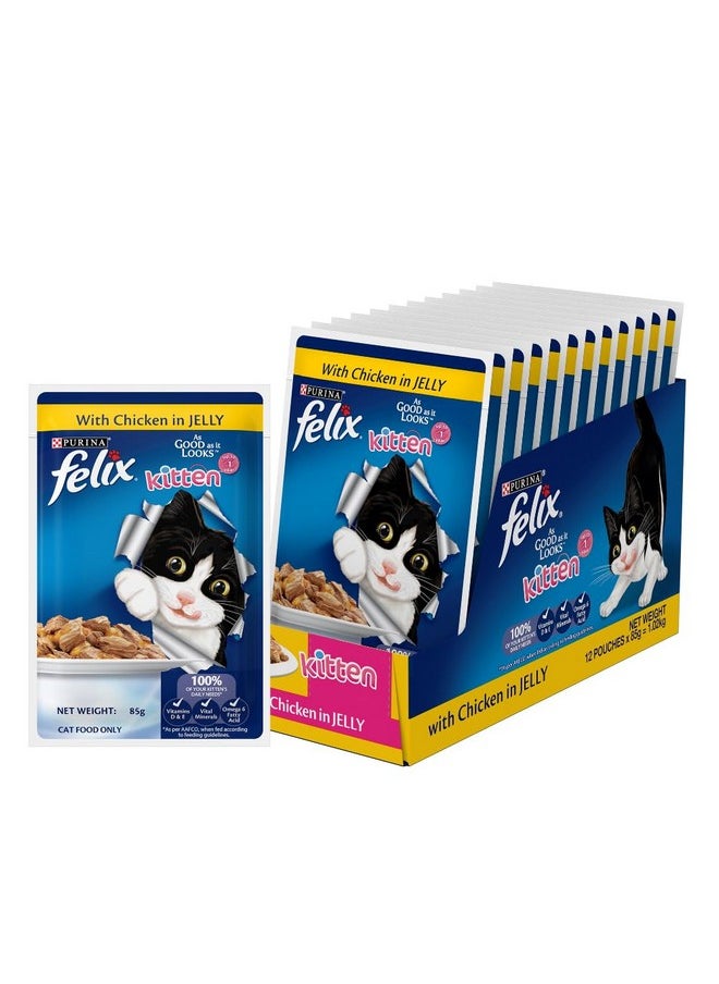 PURINA - Felix As Good As It Looks Wet Food For Kittens|Complete And Balanced Kitten Food |Chicken Flavour|Pack Of 12 Pouches (12 X 85 G) - Image 1