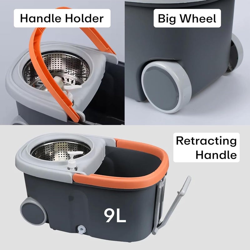 PRIME PICK 360 Spin Mop Extendable Ceiling Fan Cleaning Brush Stainless Steel Wringer Big Wheels Puller Handle Microfiber Dry Wet Mop for Floor Wall Fan Cleaning 2 Microfiber Refills Big Size - Image 5