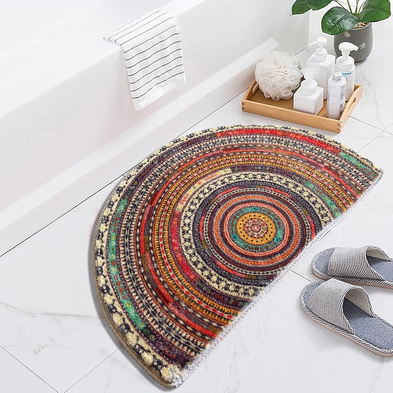 WERGHJ SUJIN Half Round Door Mat,Semi Circle Bathroom Floor Rug,Mandala Boho Bohemian Non-Slip Welcome Entrance Way Absorbent Bath Mat,Microfiber Tufted Indoor Rug for Kitchen Living Room (Multicolor) - Image 2