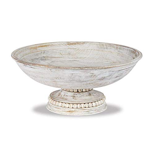 Mud Pie Beaded Wood Pedestal Bowl, White, 6" x 14" dia - Image 1