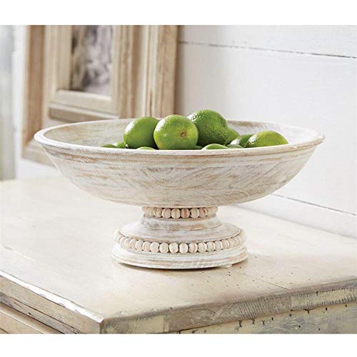 Mud Pie Beaded Wood Pedestal Bowl, White, 6" x 14" dia - Image 2