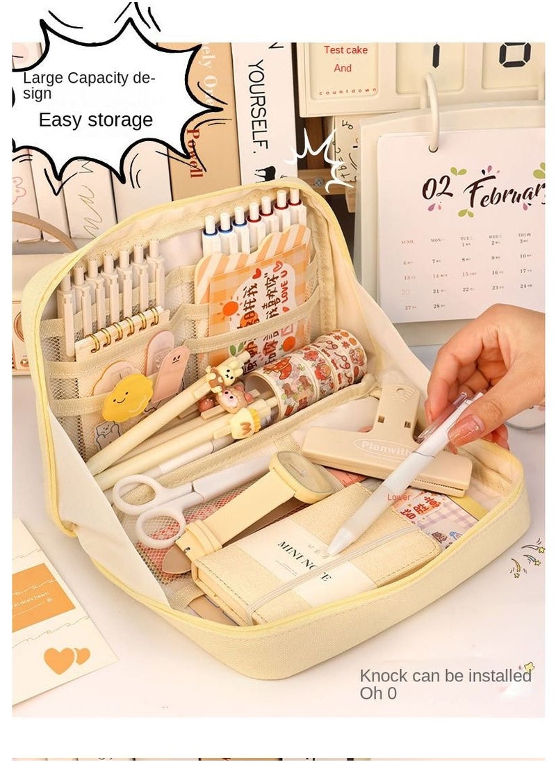 Y&D - Big Capacity Pencil Case Canvas High Large Storage Pouch Marker Pen Simple Stationery Bag School College Office Organizer For Teens Girls Adults Student-Beige Beige Unique - Image 1